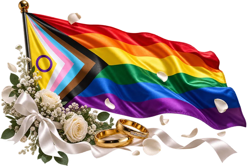 A Progress Pride flag beside two gold wedding rings, white roses and ribbon